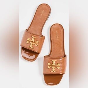 Tory Burch Eleanor Tan Slides with Gold Emblem Sandals 11M